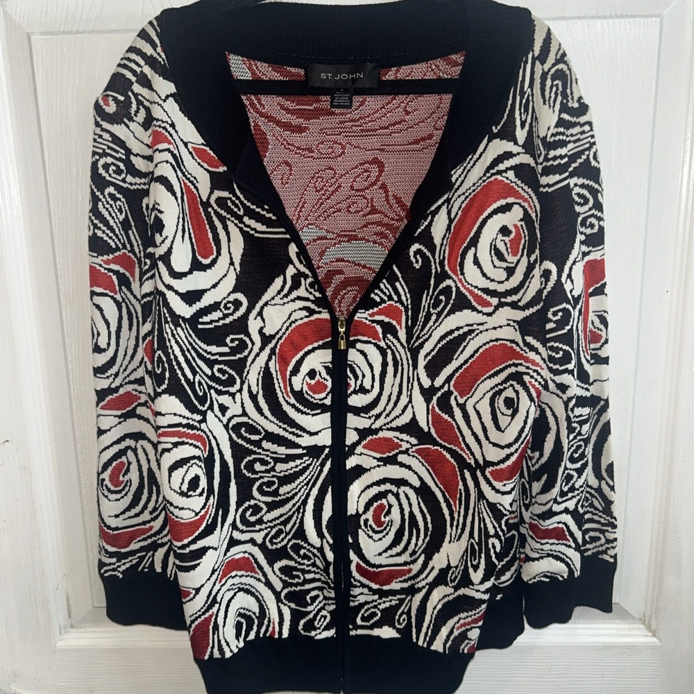 St. John Santana Knit Black/Red/White Cardigan Zip Closure 3/4 Sleeves